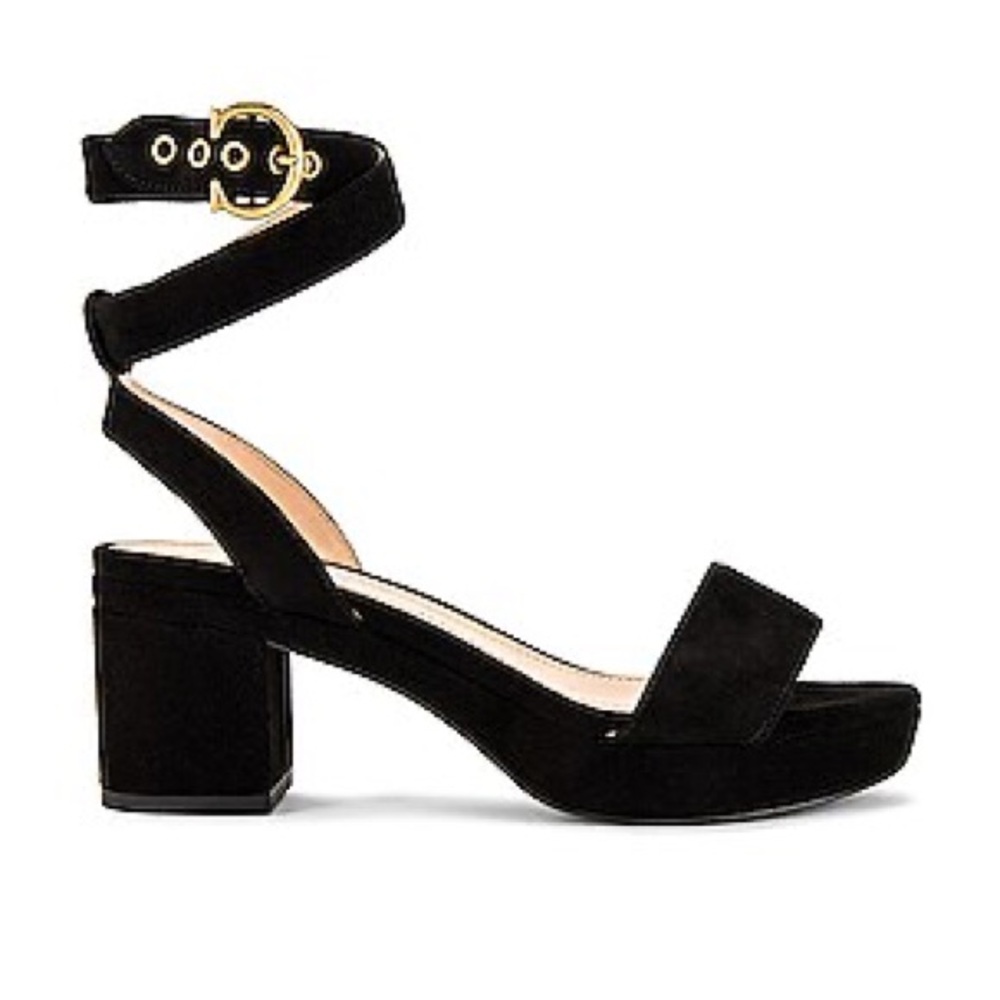 Coach Black Suede Ankle-Strap Block Heel Sandals with Gold Buckle Size 9
